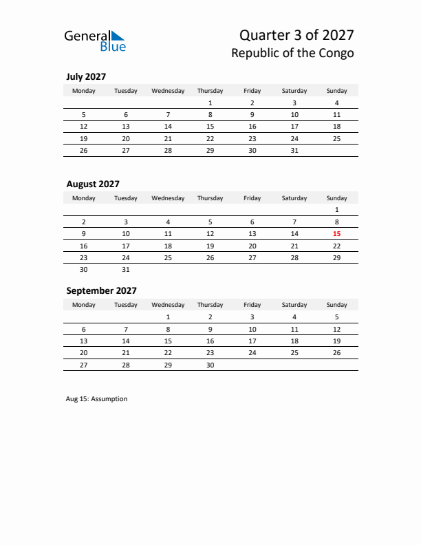 2027 Q3 Three-Month Calendar for Republic of the Congo
