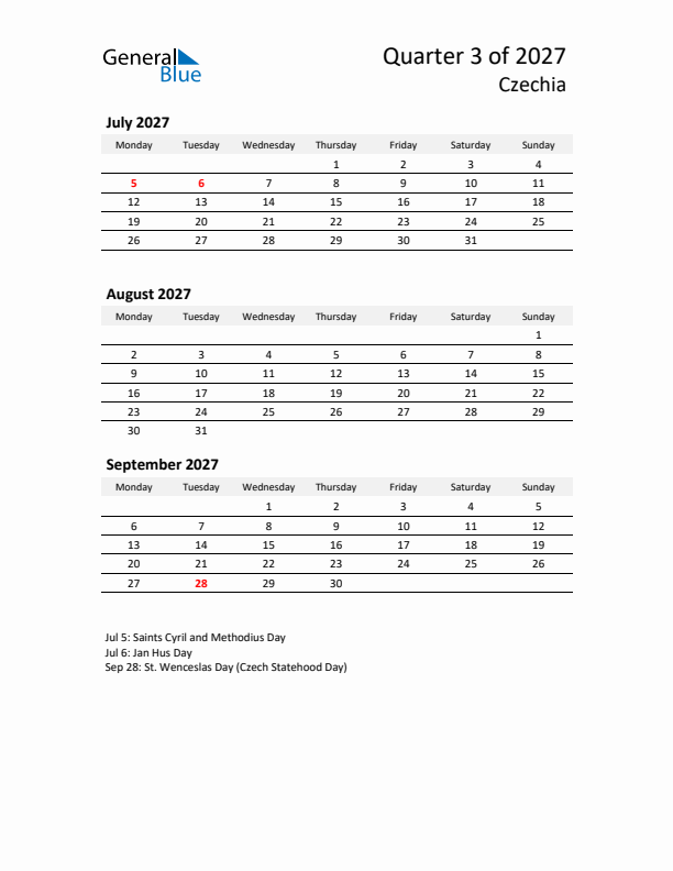 2027 Q3 Three-Month Calendar for Czechia