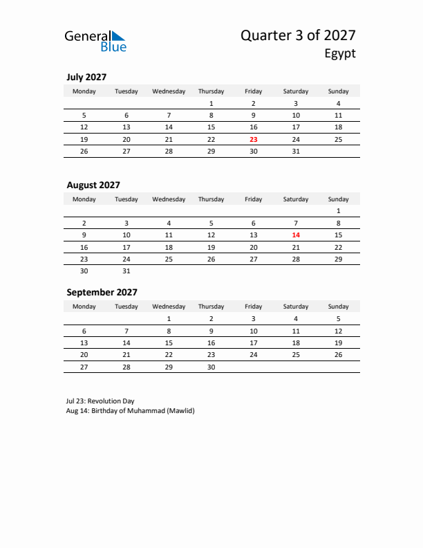 2027 Q3 Three-Month Calendar for Egypt