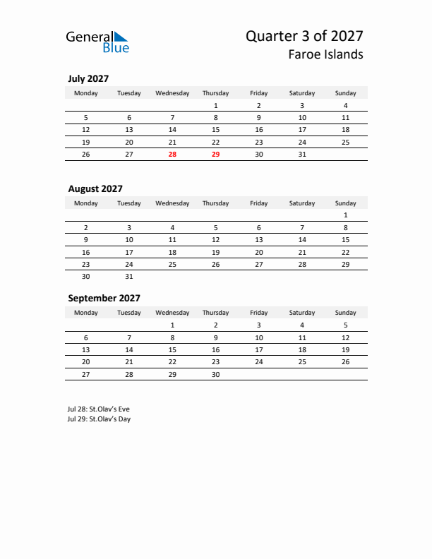 2027 Q3 Three-Month Calendar for Faroe Islands