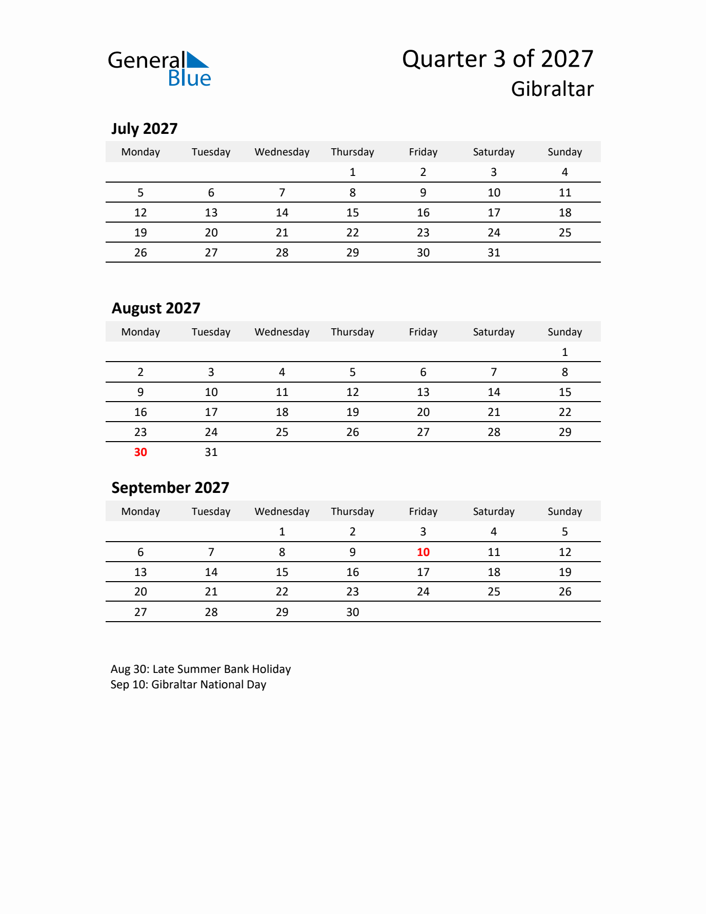 2027 Q3 Three-Month Calendar for Gibraltar