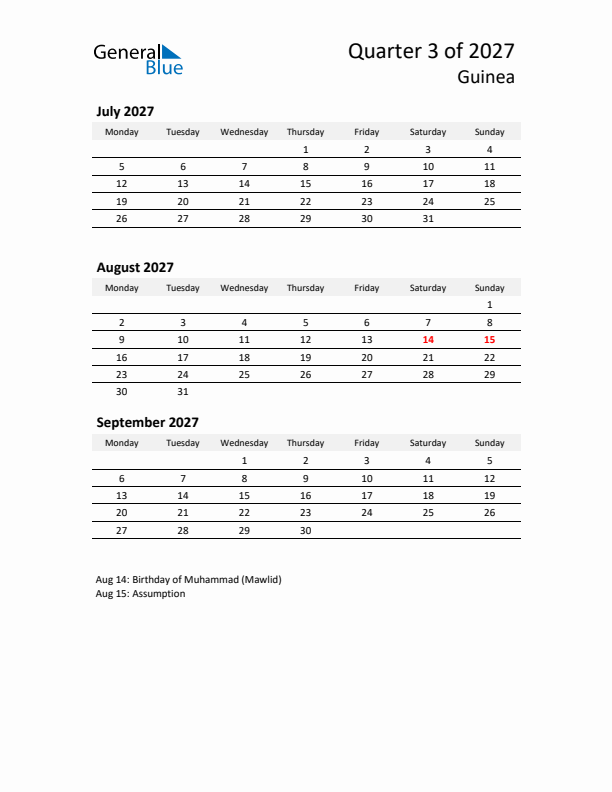 2027 Q3 Three-Month Calendar for Guinea