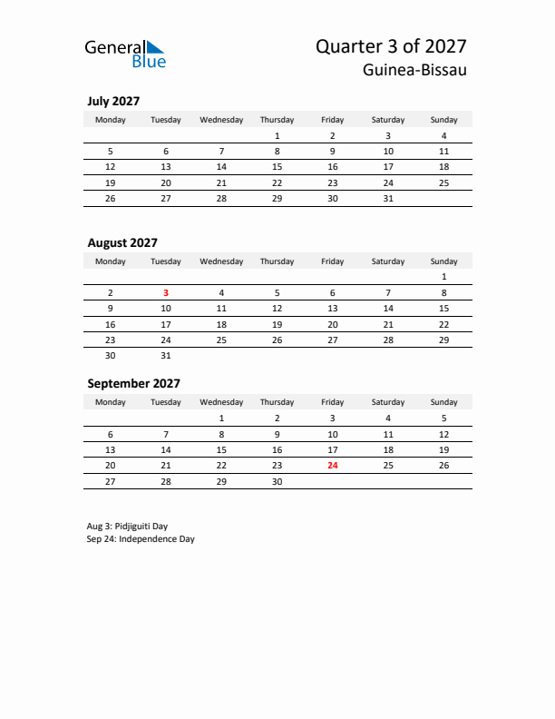 2027 Q3 Three-Month Calendar for Guinea-Bissau