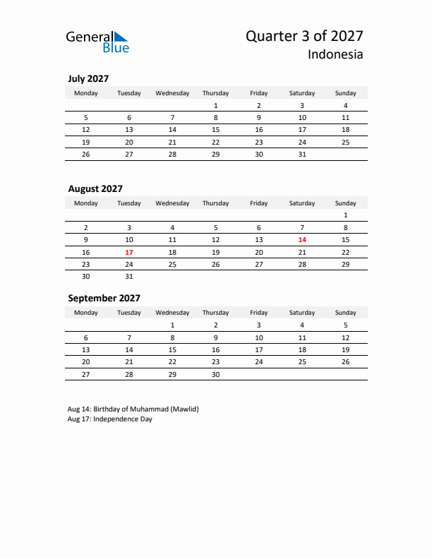 2027 Q3 Three-Month Calendar for Indonesia