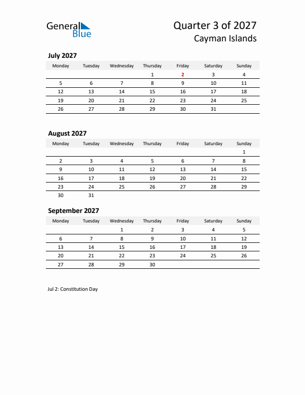 2027 Q3 Three-Month Calendar for Cayman Islands