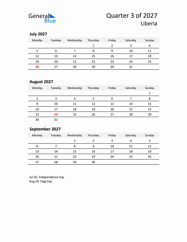 2027 Q3 Three-Month Calendar for Liberia