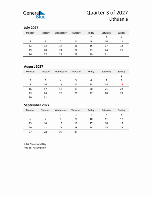 2027 Q3 Three-Month Calendar for Lithuania