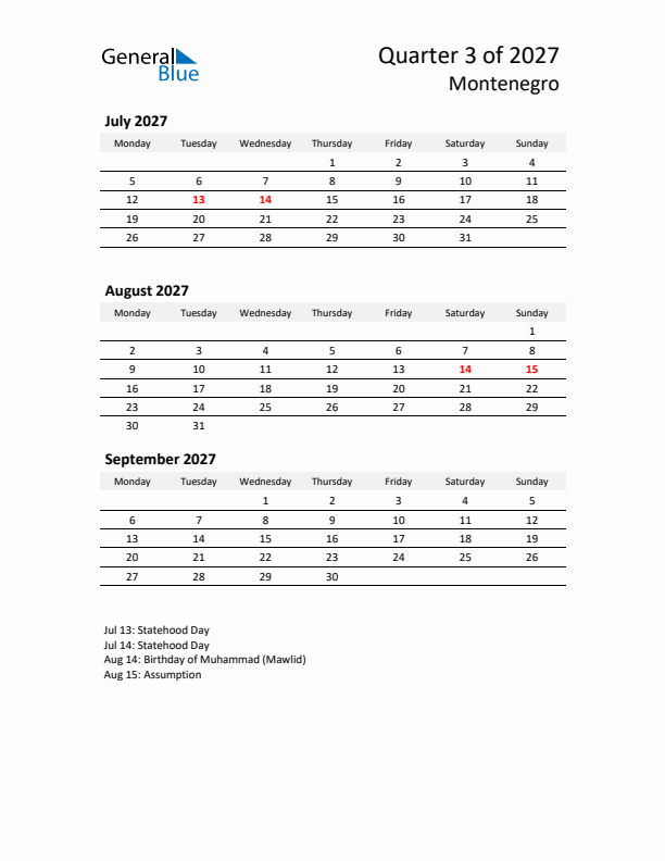 2027 Q3 Three-Month Calendar for Montenegro