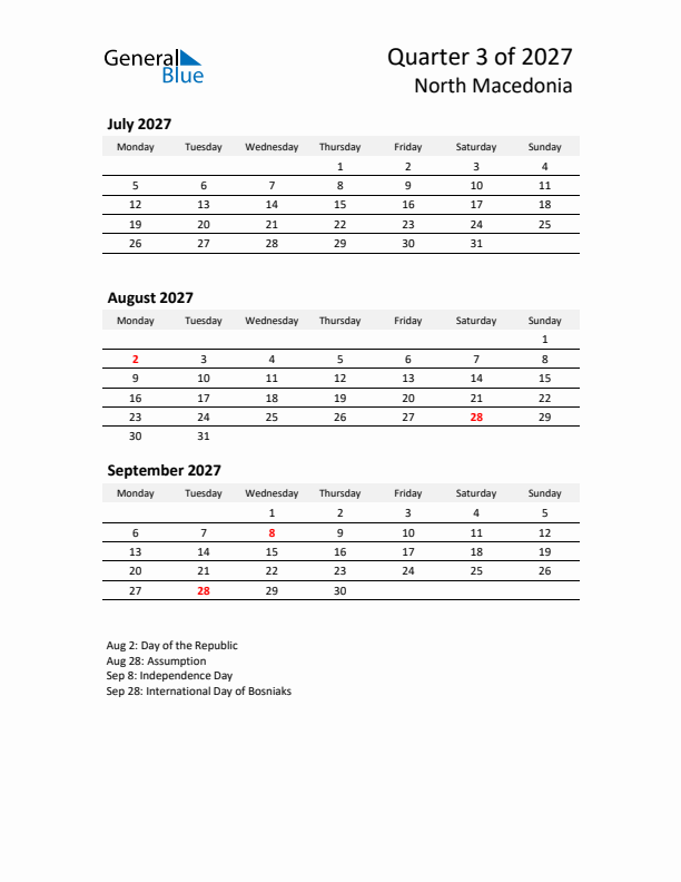 2027 Q3 Three-Month Calendar for North Macedonia