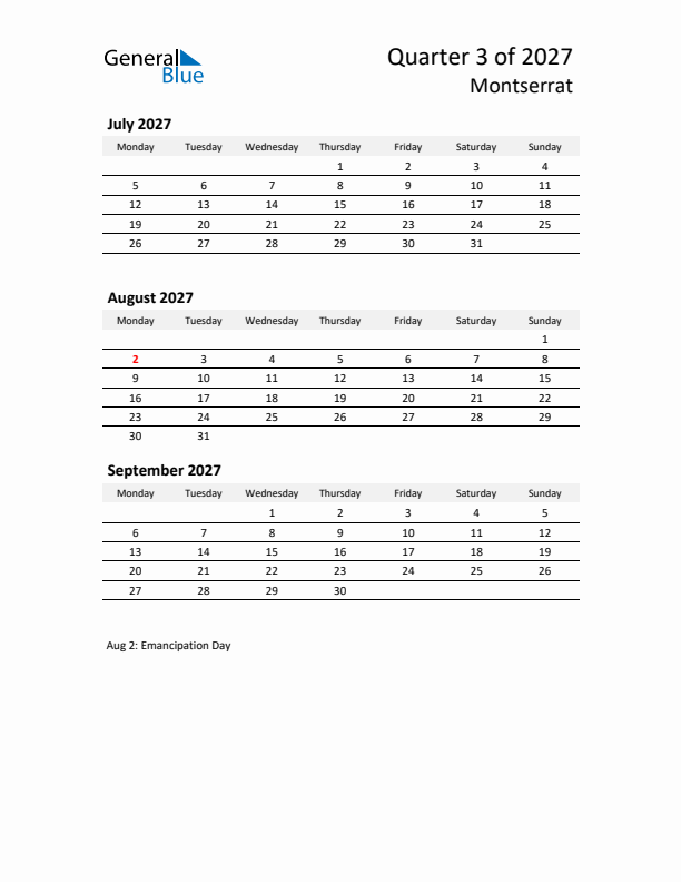 2027 Q3 Three-Month Calendar for Montserrat
