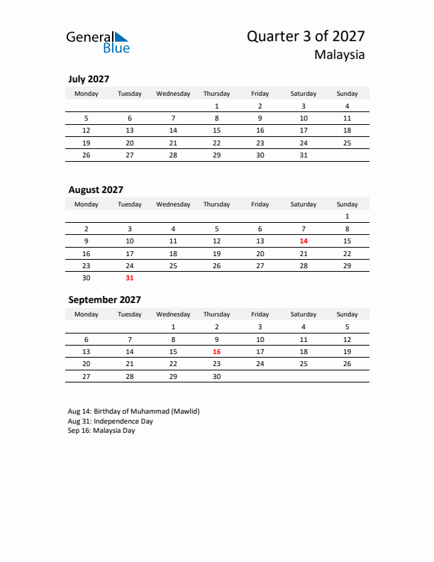 2027 Q3 Three-Month Calendar for Malaysia