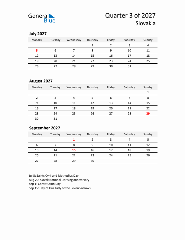 2027 Q3 Three-Month Calendar for Slovakia