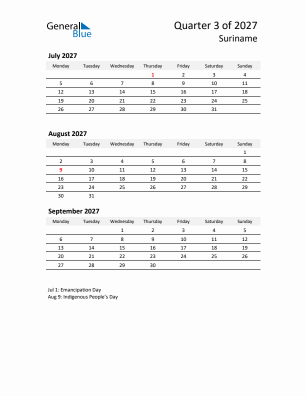 2027 Q3 Three-Month Calendar for Suriname