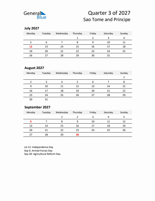 2027 Q3 Three-Month Calendar for Sao Tome and Principe