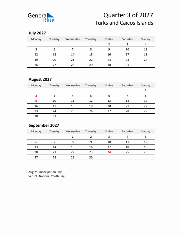 2027 Q3 Three-Month Calendar for Turks and Caicos Islands