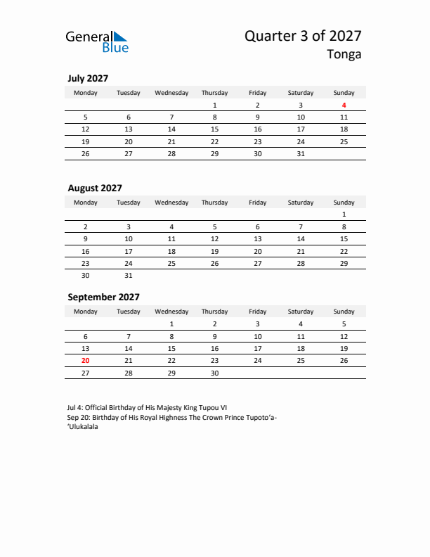 2027 Q3 Three-Month Calendar for Tonga