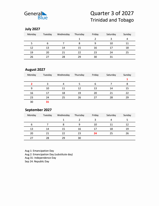 2027 Q3 Three-Month Calendar for Trinidad and Tobago