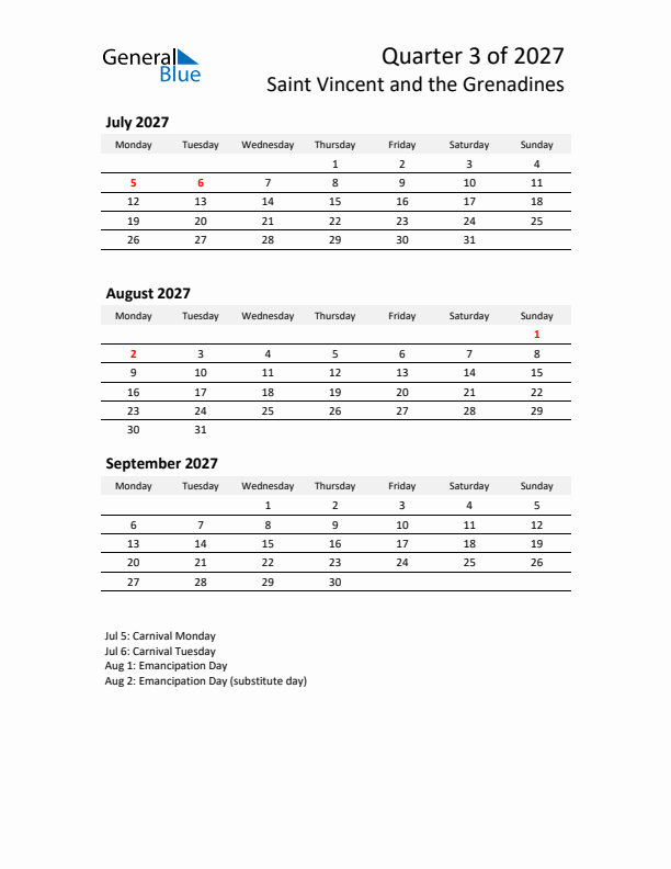 2027 Q3 Three-Month Calendar for Saint Vincent and the Grenadines
