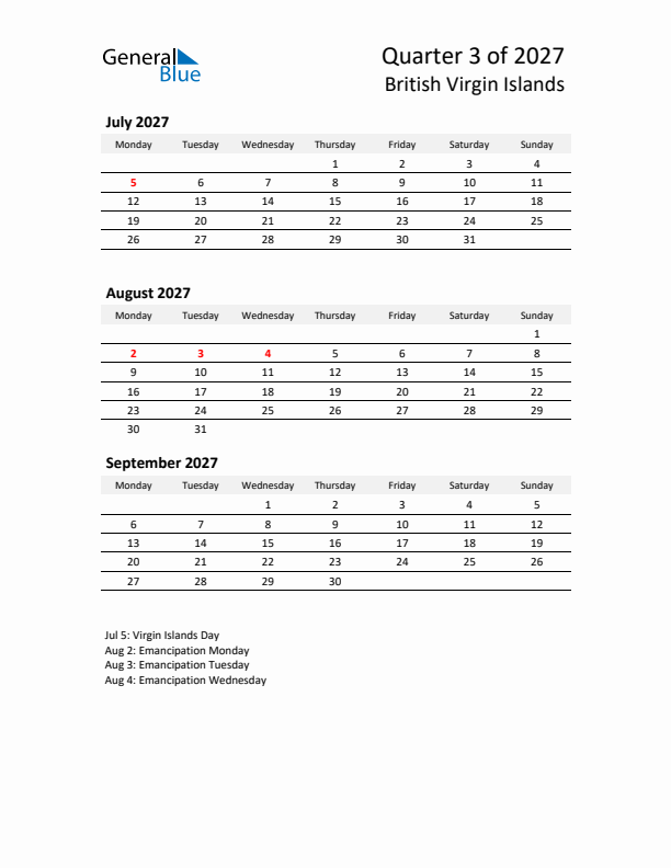 2027 Q3 Three-Month Calendar for British Virgin Islands