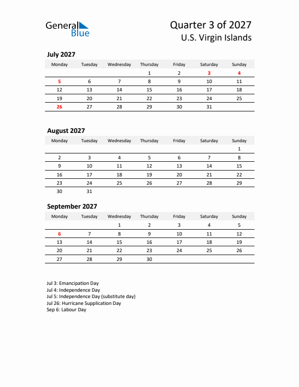 2027 Q3 Three-Month Calendar for U.S. Virgin Islands
