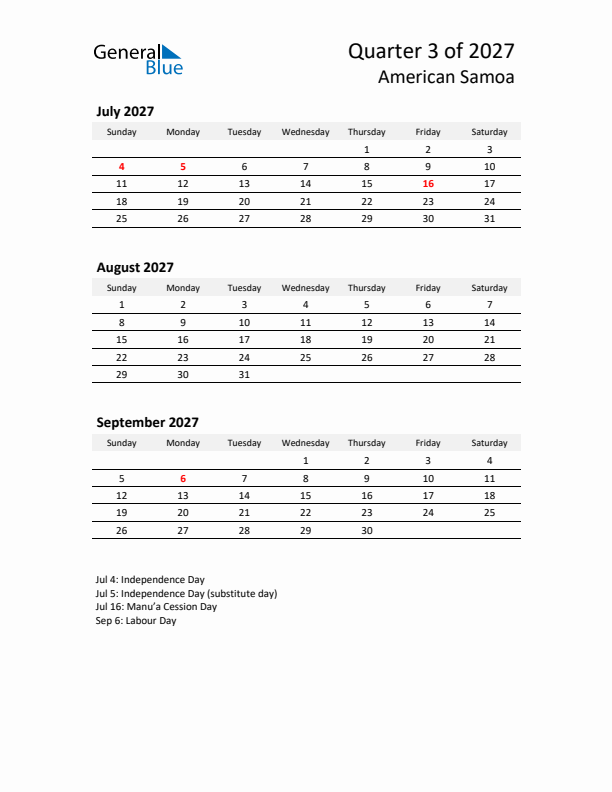 2027 Q3 Three-Month Calendar for American Samoa