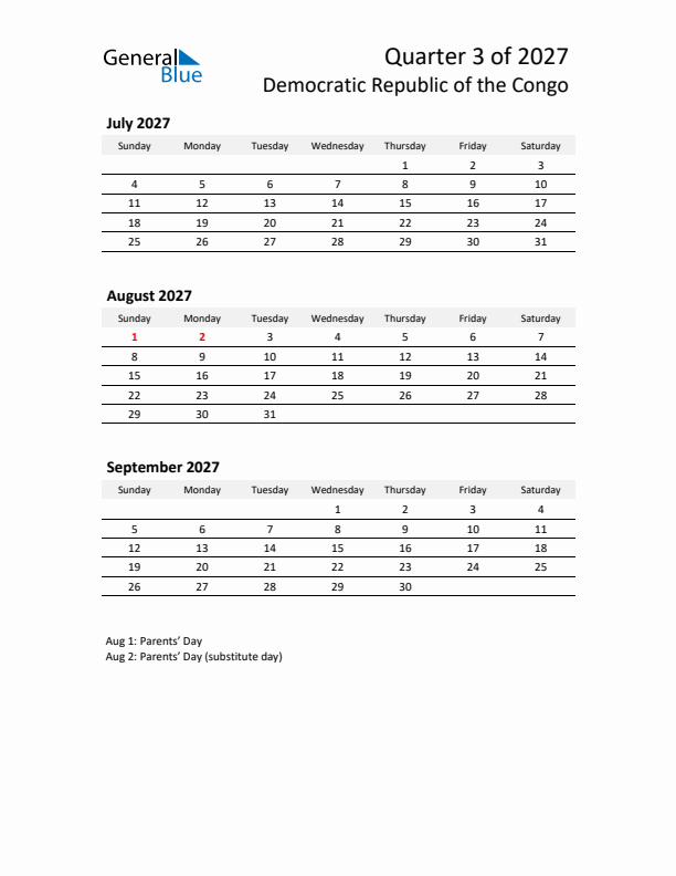2027 Q3 Three-Month Calendar for Democratic Republic of the Congo