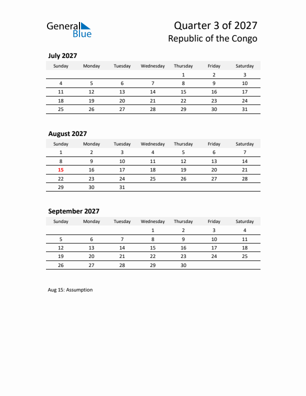 2027 Q3 Three-Month Calendar for Republic of the Congo