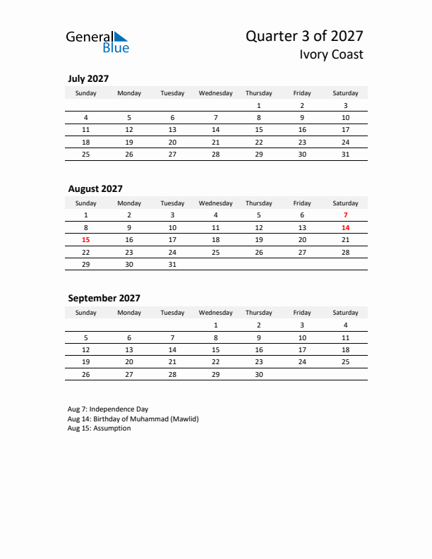 2027 Q3 Three-Month Calendar for Ivory Coast