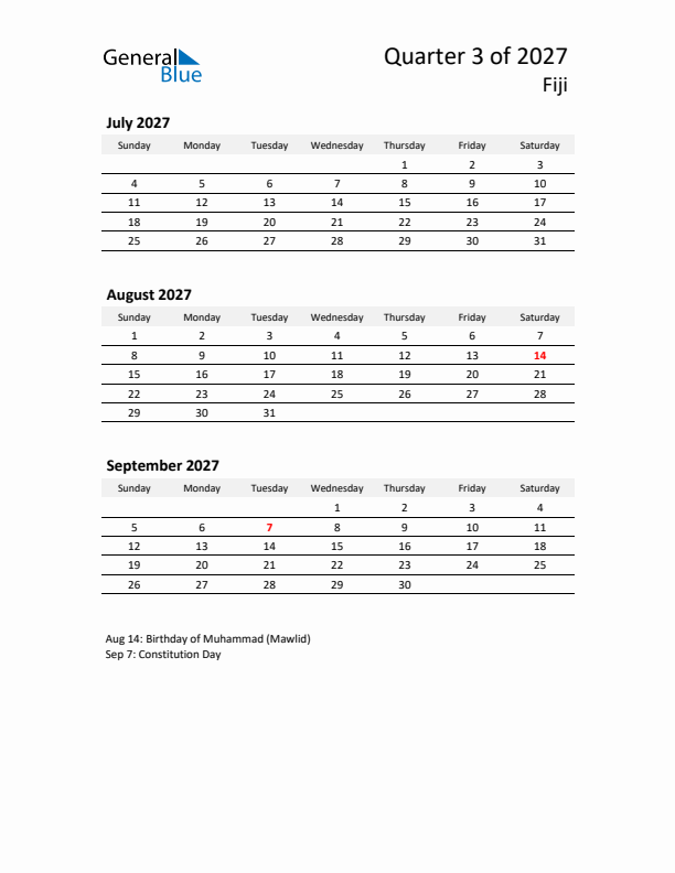 2027 Q3 Three-Month Calendar for Fiji