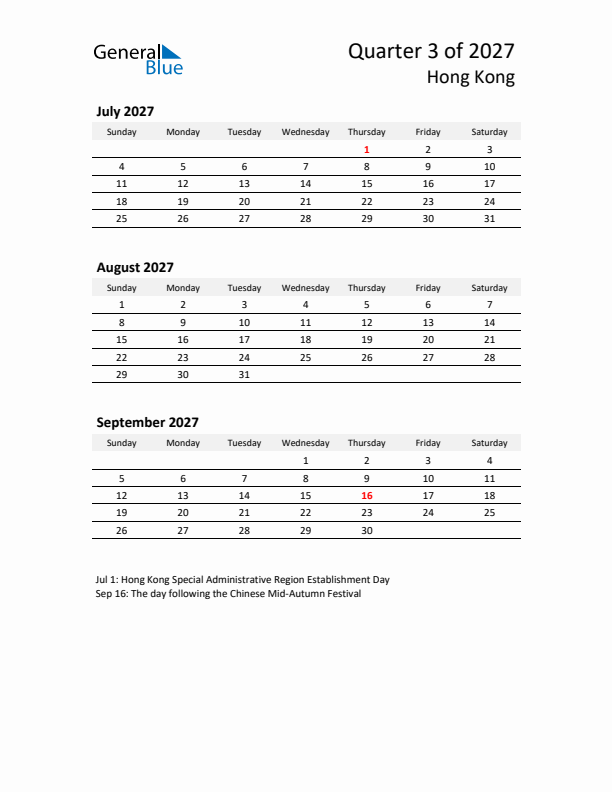 2027 Q3 Three-Month Calendar for Hong Kong