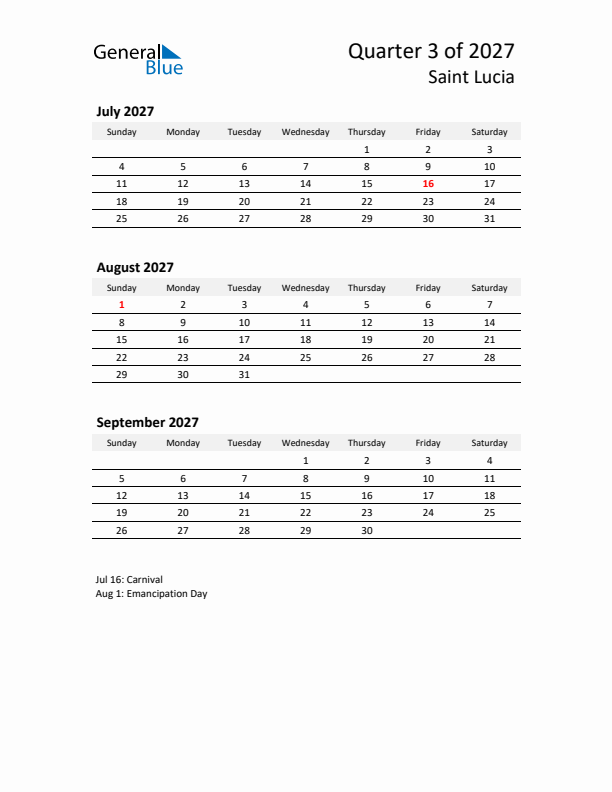 2027 Q3 Three-Month Calendar for Saint Lucia