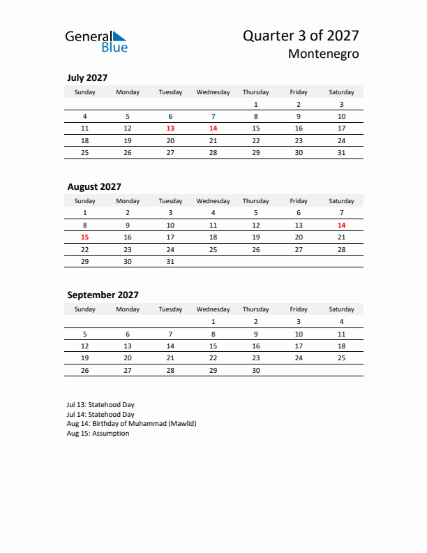 2027 Q3 Three-Month Calendar for Montenegro