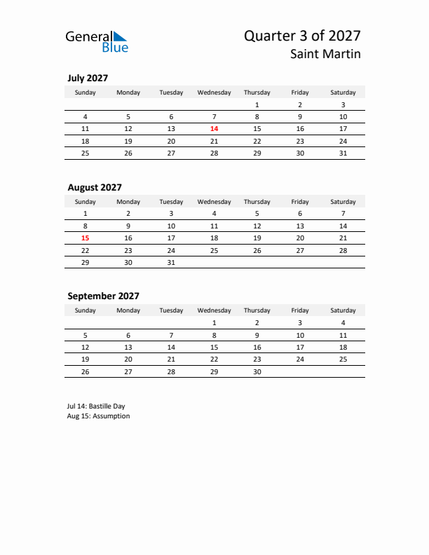 2027 Q3 Three-Month Calendar for Saint Martin