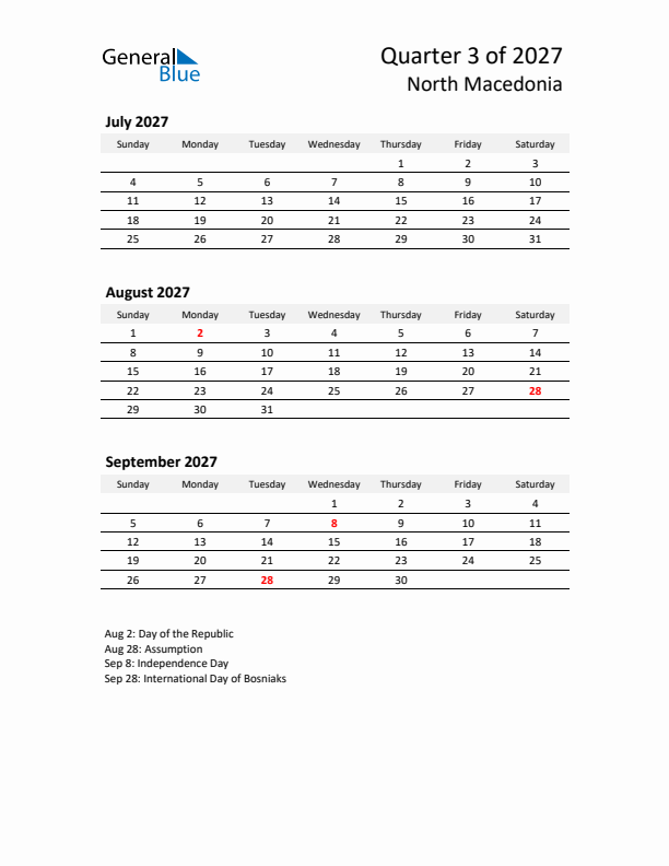2027 Q3 Three-Month Calendar for North Macedonia
