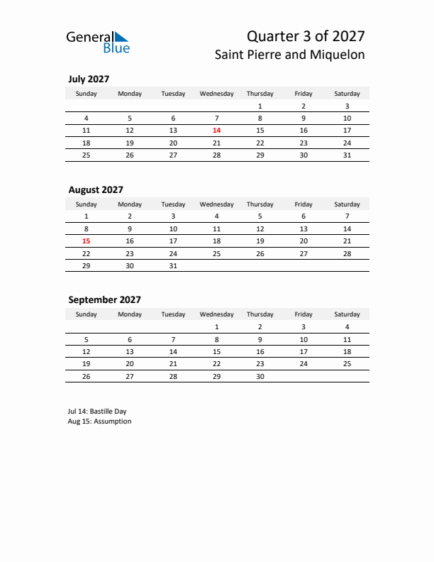2027 Q3 Three-Month Calendar for Saint Pierre and Miquelon
