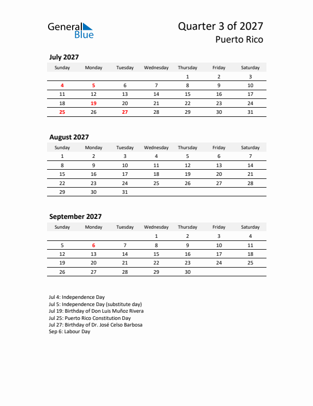 2027 Q3 Three-Month Calendar for Puerto Rico