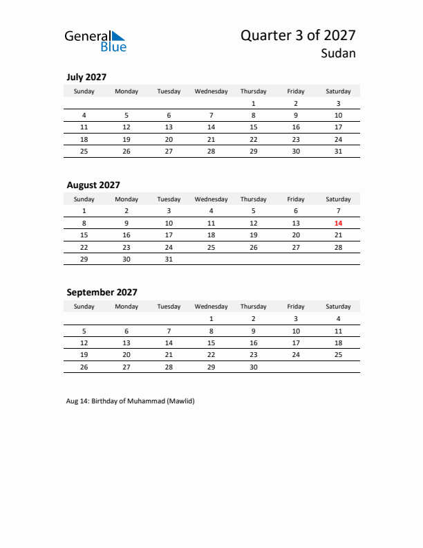 2027 Q3 Three-Month Calendar for Sudan