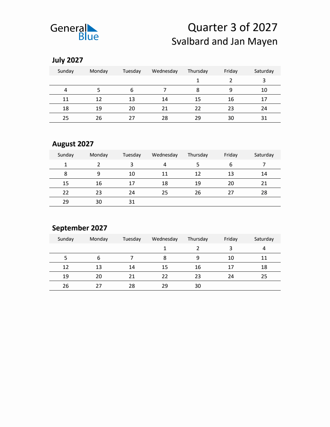 Q3 2027 Quarterly Calendar with Svalbard and Jan Mayen Holidays (PDF ...
