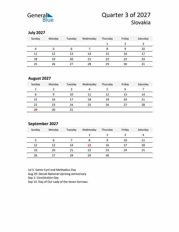 2027 Q3 Three-Month Calendar for Slovakia