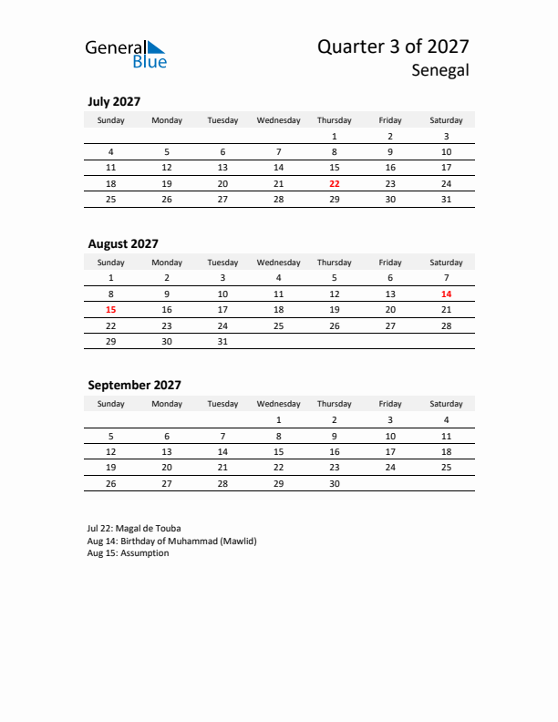 2027 Q3 Three-Month Calendar for Senegal