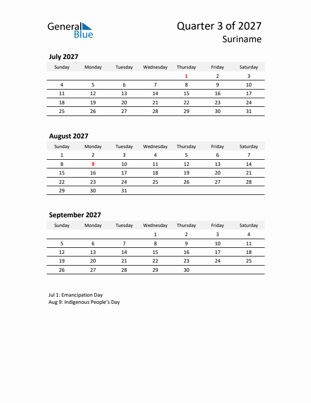 2027 Q3 Three-Month Calendar for Suriname