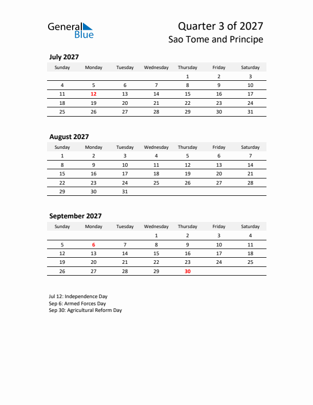 2027 Q3 Three-Month Calendar for Sao Tome and Principe