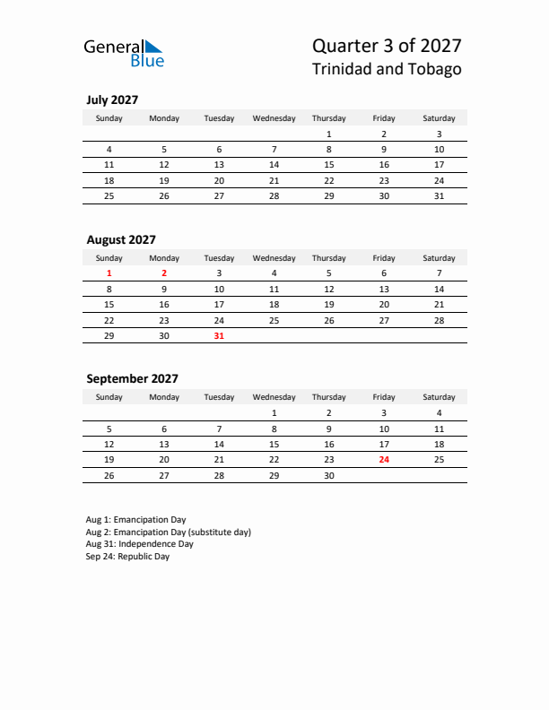 2027 Q3 Three-Month Calendar for Trinidad and Tobago