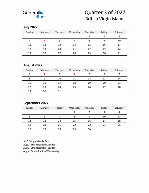 2027 Q3 Three-Month Calendar for British Virgin Islands