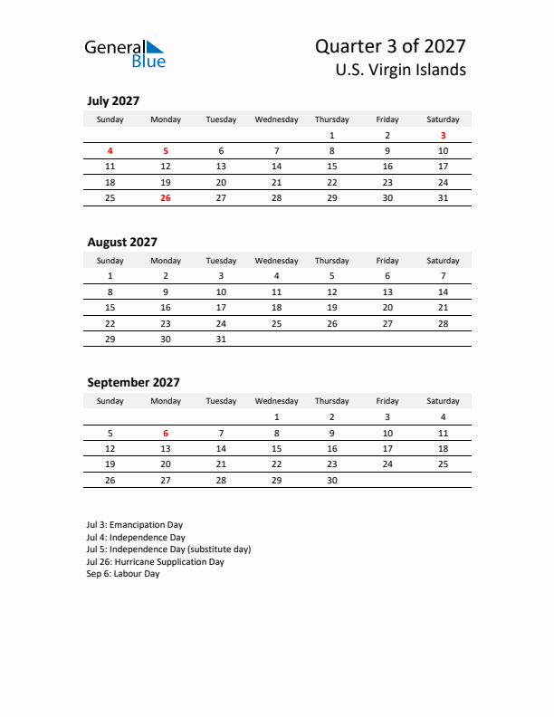2027 Q3 Three-Month Calendar for U.S. Virgin Islands