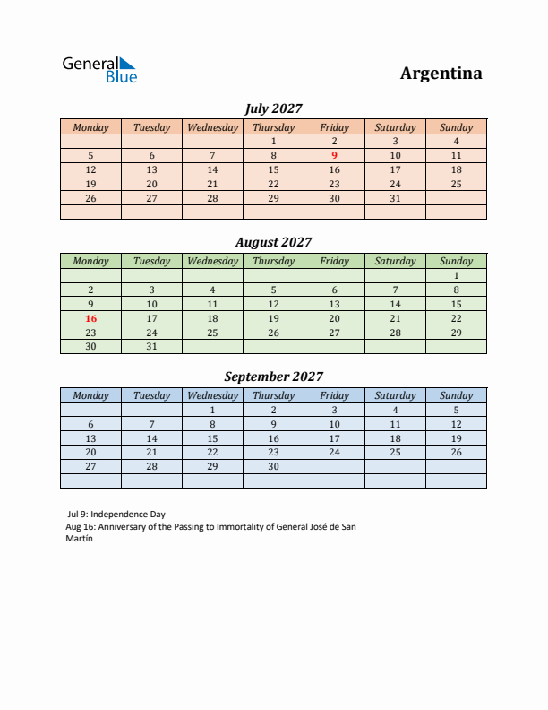 Q3 2027 Holiday Calendar - Argentina