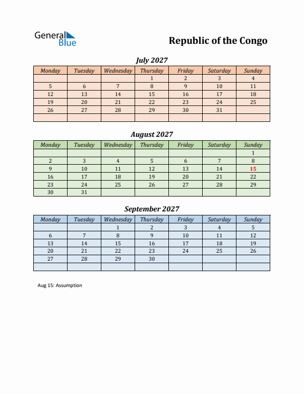 Q3 2027 Holiday Calendar - Republic of the Congo