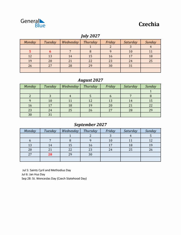 Q3 2027 Holiday Calendar - Czechia