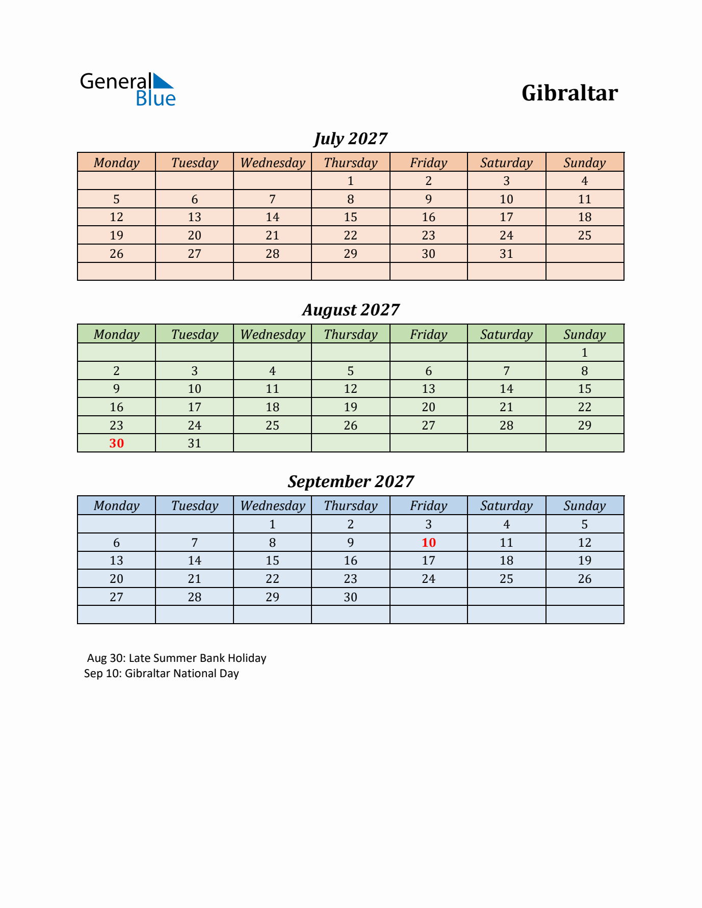 Q3 2027 Holiday Calendar - Gibraltar
