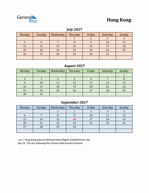 Q3 2027 Holiday Calendar - Hong Kong